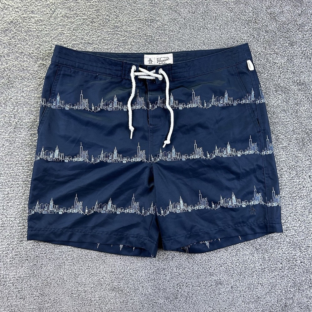 Original Penguin Mens NYC Skyline Swim Trunks Navy Blue Size 34 New York City